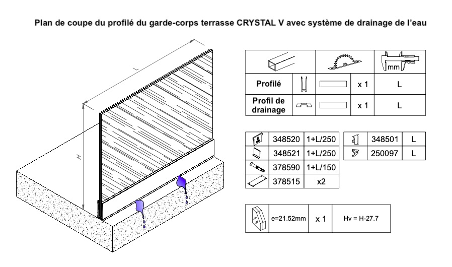 Système de drainage de l'eau du garde-corps terrasse CRYSTAL V